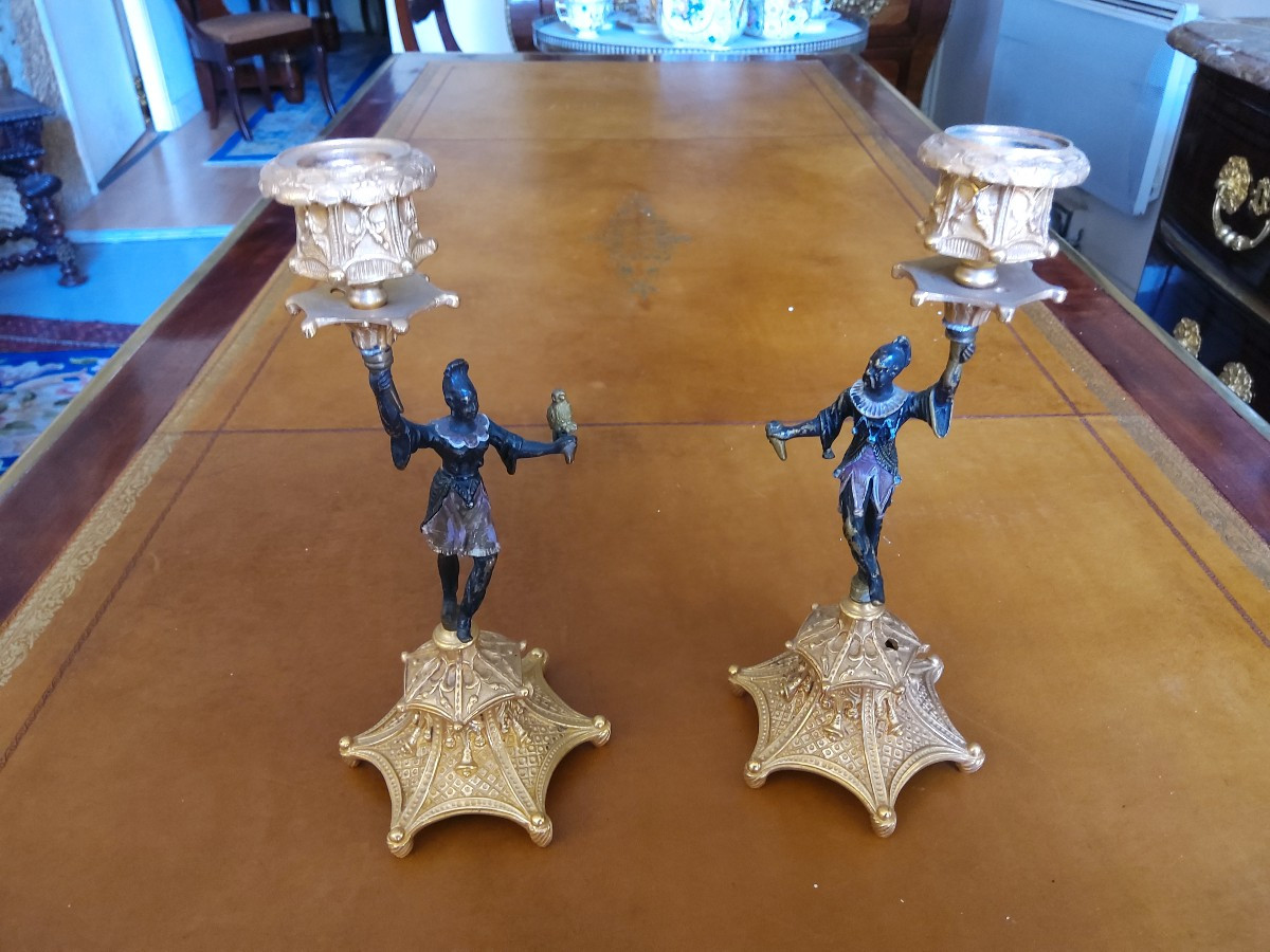 Pair Of Bronze Candlesticks With 2 Patinas From The Charles X Period 
